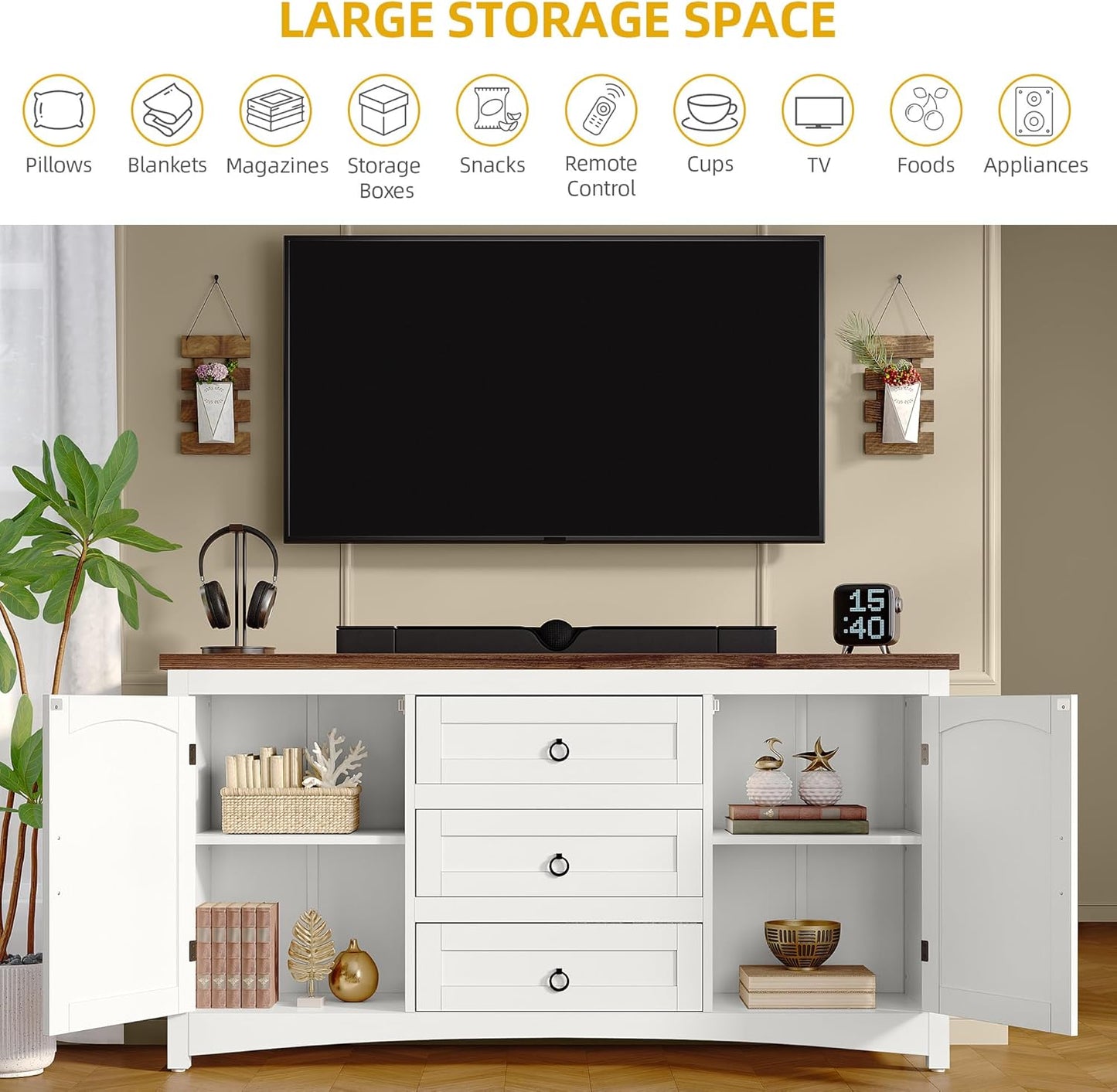 Farmhouse Sideboard Buffet Cabinet with Storage, 59" Sideboard Cabinet with Drawers & Doors, Kitchen Storage Cabinets for Dining Room Living Room, White