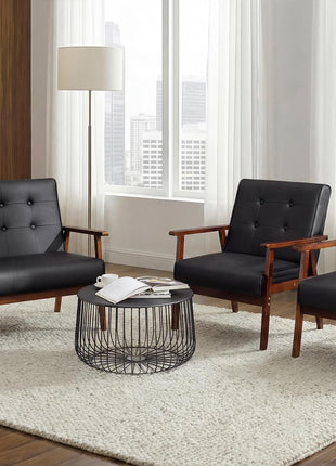 Mid-Century Modern 1 Loveseat Sofa and 2 Accent Chairs Set with Wooden Armrests for Living Room (Model 8428, Black)