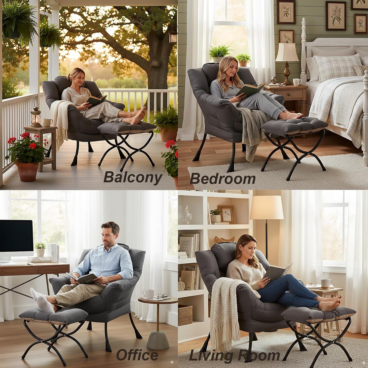 Lazy Chair with Ottoman, Modern Accent Leisure Upholstered Lazy Sofa Armchair, Contemporary Lounge Reading Chair with Armrests and a Side Pocket for Living Room, Bedroom & Small Space, Dark Grey