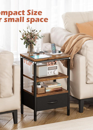 Rustic Brown and Black Nightstand with Integrated Charging Station, Adjustable Fabric Drawer, and 3-Tier Storage for Bedroom and Living Room