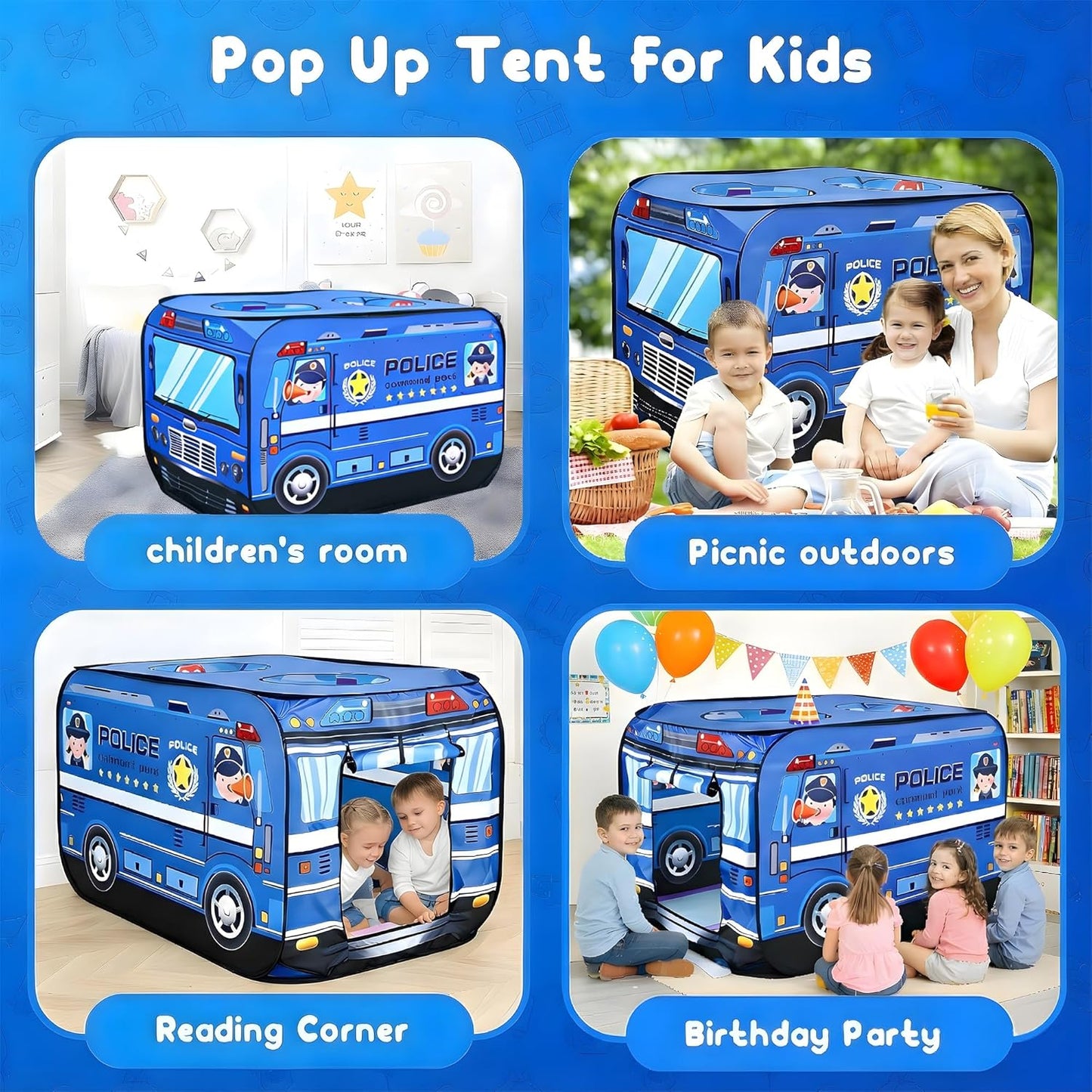 Pop up Play Tent for Kids - Foldable Indoor & Outdoor Playhouse Vehicle Toys for Toddlers, Boys and Girls - 2 Openings, Flat-Folding for Compact Storage(Police Car,Blue)