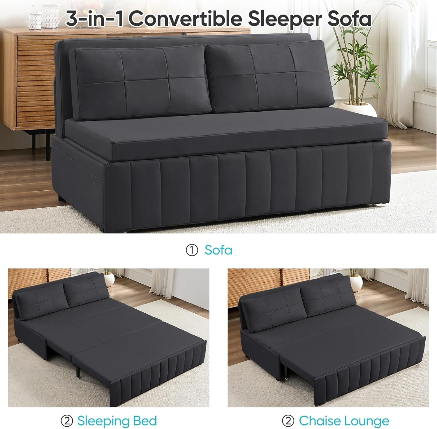 62.2" Queen Size Pull Out Sofa Bed，Leathaire Pull Out Couch with Tri-Fold Mattress，3-In-1 Convertible Sleeper Sofa with Pillows for Small Space/Bedroom/Apartment（Dark Grey）