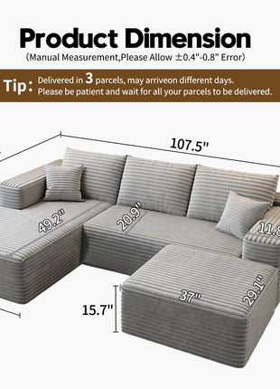 107.5" Cloud Modular Sectional Sofa with Ottoman, Contemporary Minimalist Upholstered Design, Deep Seat U-Shaped Couch for Living Room, No Assembly Required (Grey, Left-Facing Chaise)