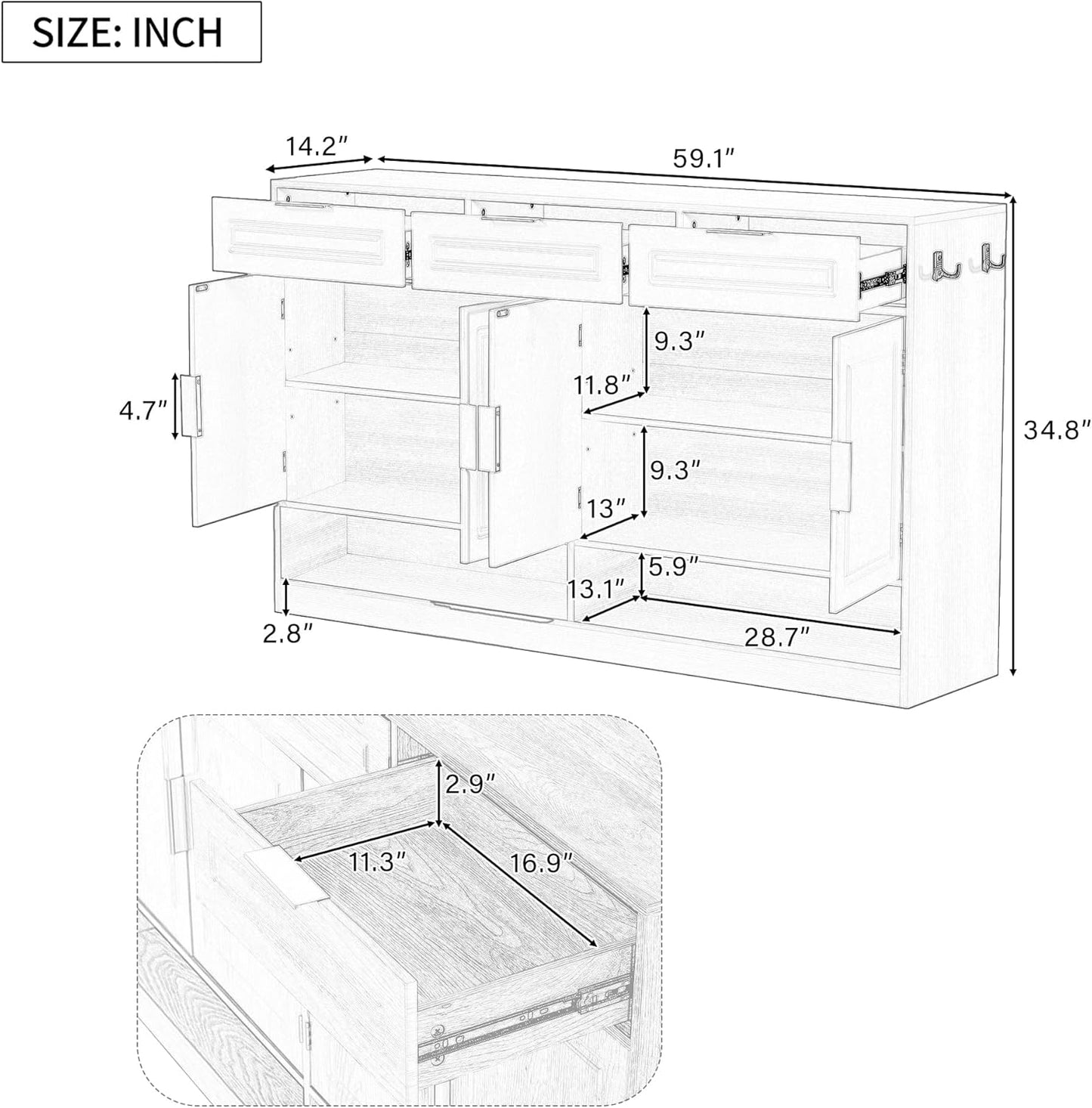 Buffet Table with 3 Drawers, 59.1" Multi-Functional Buffet Cabinet with Storage, Sideboard Cabinet with Adjustable Shelf for Dining Room, Living Room, Entryway, Black