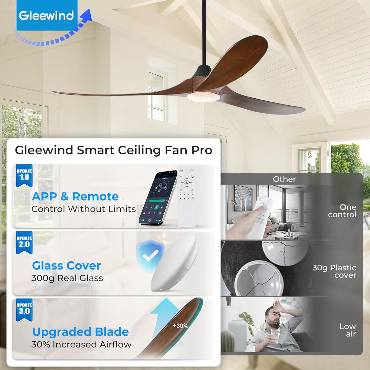 60 Inch Outdoor Ceiling Fan with Light-Glass Lamp, 3 Blade Wood Propeller Ceiling Fans with Lights and Remote Control for Patios, Exterior Damp Rated High CFM Ceiling Fans Modern Smart APP