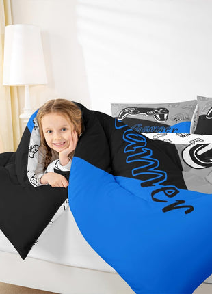 Twin Size Gaming Comforter Set for Boys - All-Season Video Game Themed Bedding with Comforter and Pillowcase in Blue, Black, and Grey
