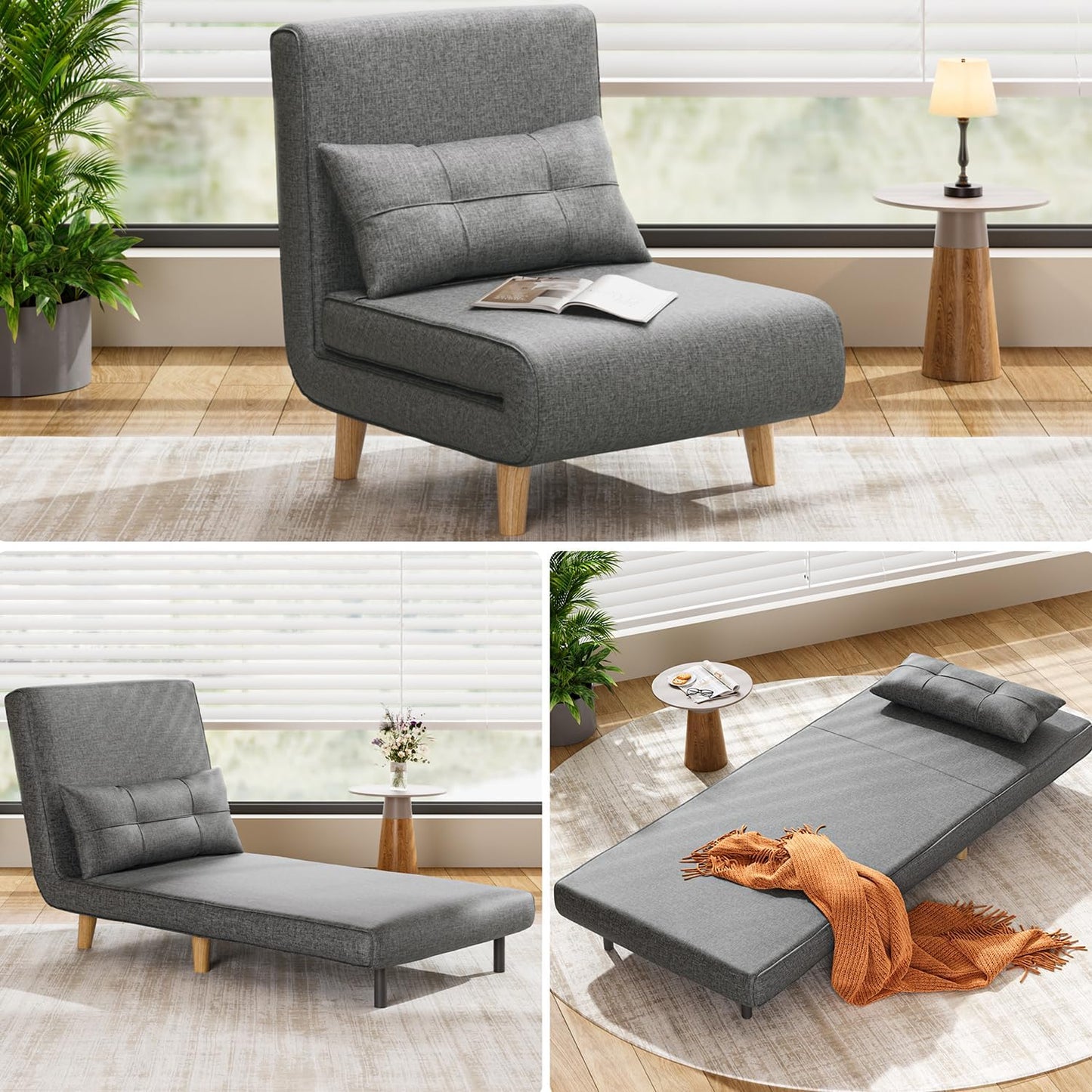 3 in 1 Sleeper Chair Bed, Convertible Chair Bed Futon Sofa with Adjustable Backrest, Accent Chair for Apartment/Bedroom/Office, Dark Grey