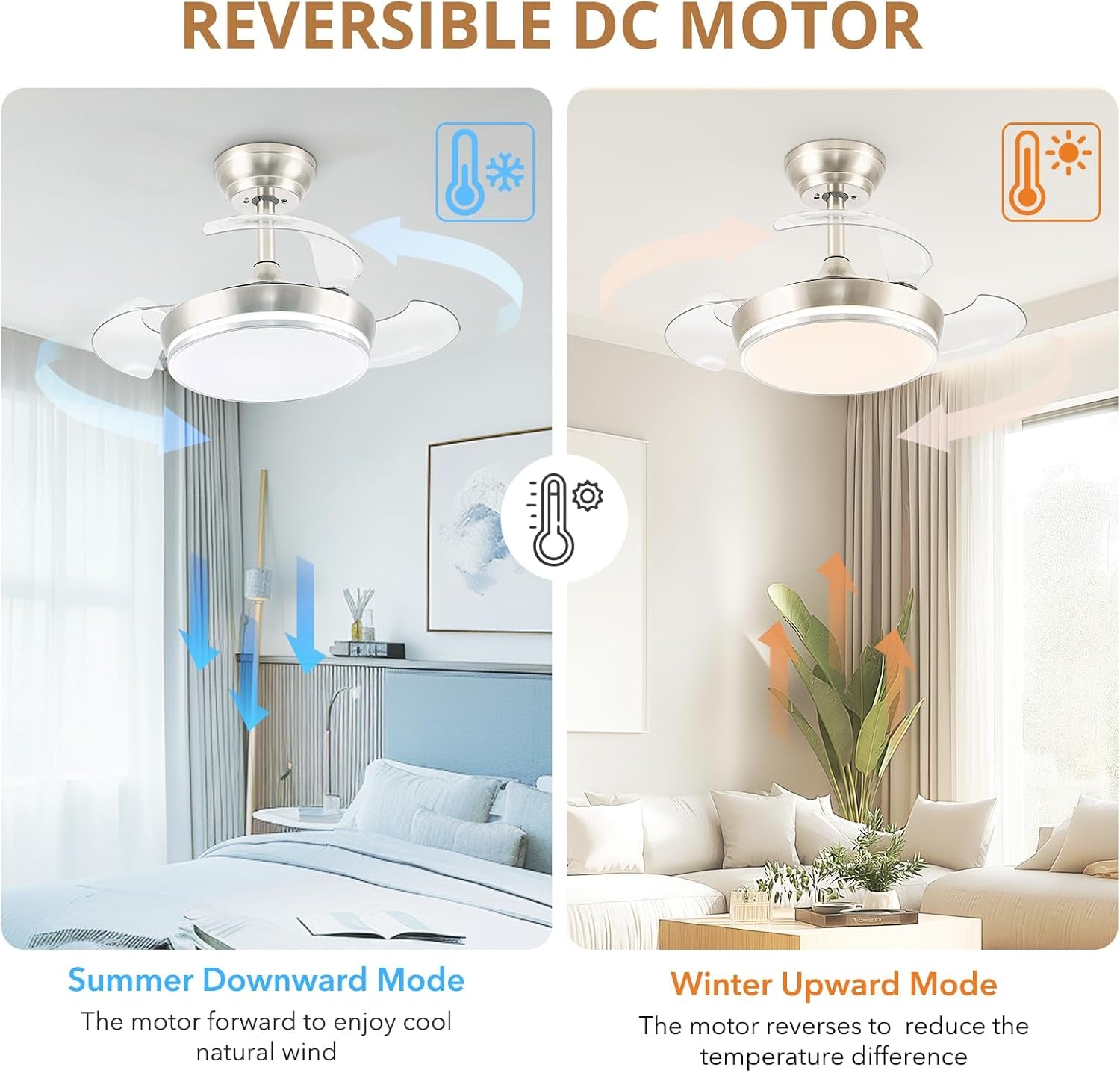 30" Retractable Ceiling Fans with Lights, Dimmable LED Ceiling Fan Remote Control, Modern Small Fan Light for Bedroom Living Room Dinning Room Kitchen, 3000K-6500K, 6 Speed (Brushed Nickel)