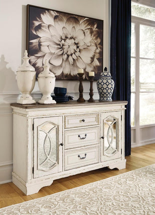 Signature Design by Ashley Realyn French Country Distressed Dining Room Server with Three Drawers and Two Cabinet Doors, Wood Construction, 59" W x 17" D x 36.5" H, Chipped White Finish