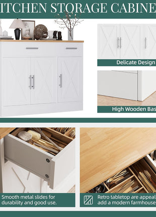 Modern Farmhouse 42" Sideboard Buffet Cabinet with Storage, Featuring 3 Barn Doors and Adjustable Shelves for Kitchen and Living Room, White Finish