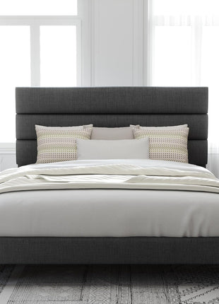 Queen Size Platform Bed Frame with Upholstered Headboard and Wooden Slat Support, No Box Spring Required, Easy Assembly, Dark Grey