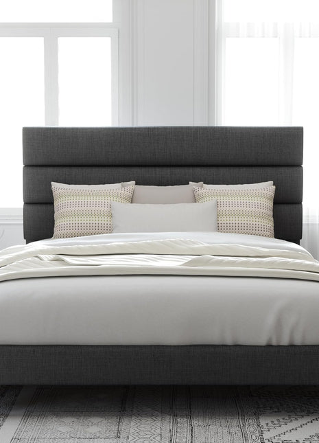 Queen Size Platform Bed Frame with Upholstered Headboard and Wooden Slat Support, No Box Spring Required, Easy Assembly, Dark Grey