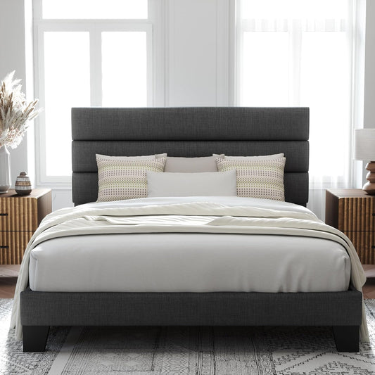 Queen Size Platform Bed Frame with Fabric Upholstered Headboard and Wooden Slats Support, Fully Upholstered Mattress Foundation/No Box Spring Needed/Easy Assembly, Dark Grey
