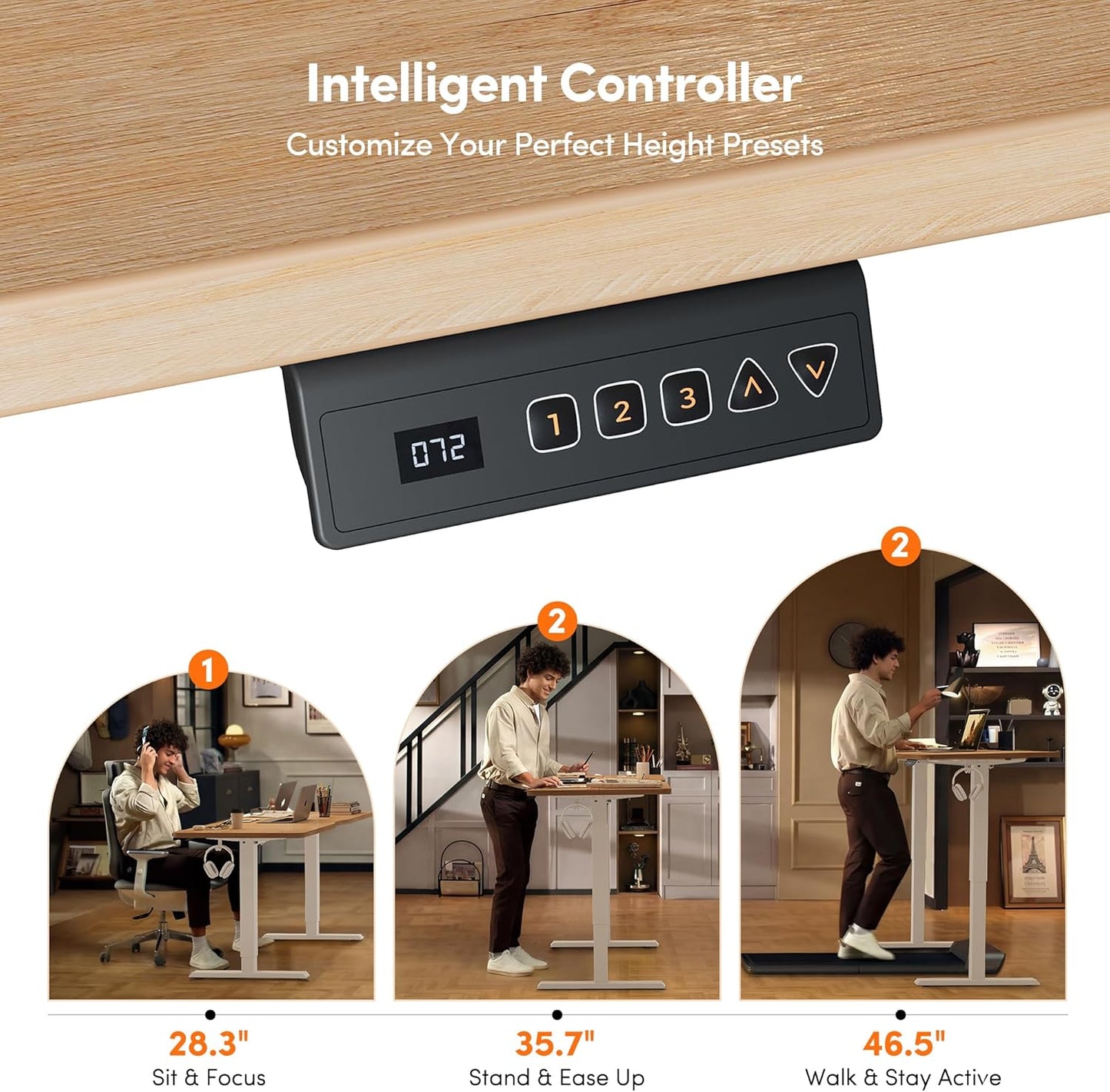 Standing Desk, 48 × 24 Inches Electric Height Adjustable, Sit and Stand Up, Computer Office Desk with Splice Board, White Frame/Maple TOP