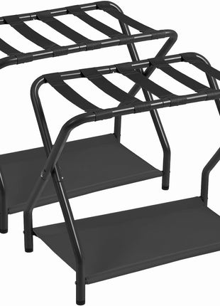 Set of 2 Foldable Luggage Racks with Storage Shelf, Metal Suitcase Stands for Guest Rooms and Hotels, Easy Assembly, Black HLR02BK