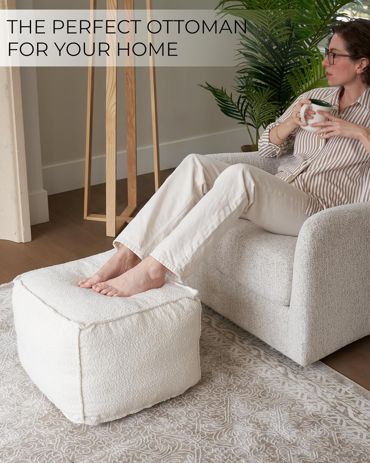 Beautiful Boucle Pouf Ottoman and Foot Rest - Elevate Your Living Room Decor with Lightweight Comfort and Charm - a round Modern Foam Filled Foot Stool Perfect to Rest Your Feet