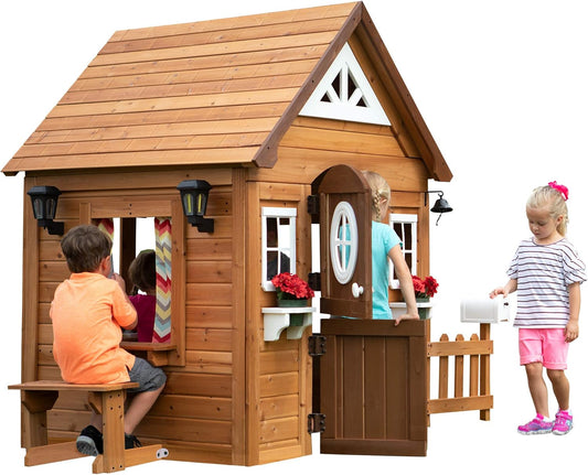 Aspen Cedar Wooden Kids Playhouse Cottage with Play Kitchen, Snack Bar, Picnic Bench, Dinner Bell, Mailbox, Dutch Door, Flowerpot Holders, Toy Lights, Country Style for Outdoor Play