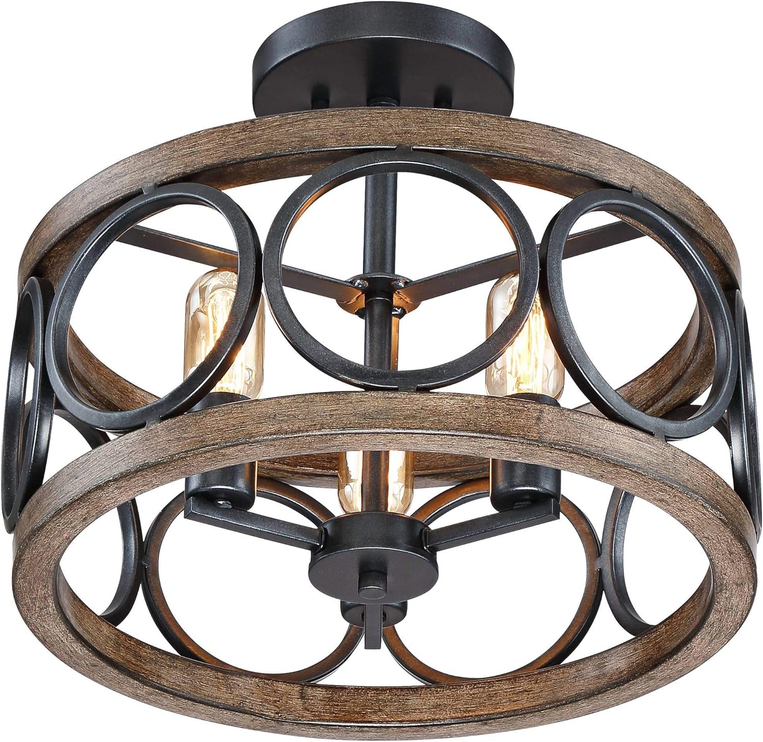 Salima Rustic Farmhouse Ceiling Light Semi Flush Mount Fixture LED Black Circle Wood Finish Grain 16" Wide 3-Light Open Drum for Bedroom Kitchen Living Room Hallway Bathroom