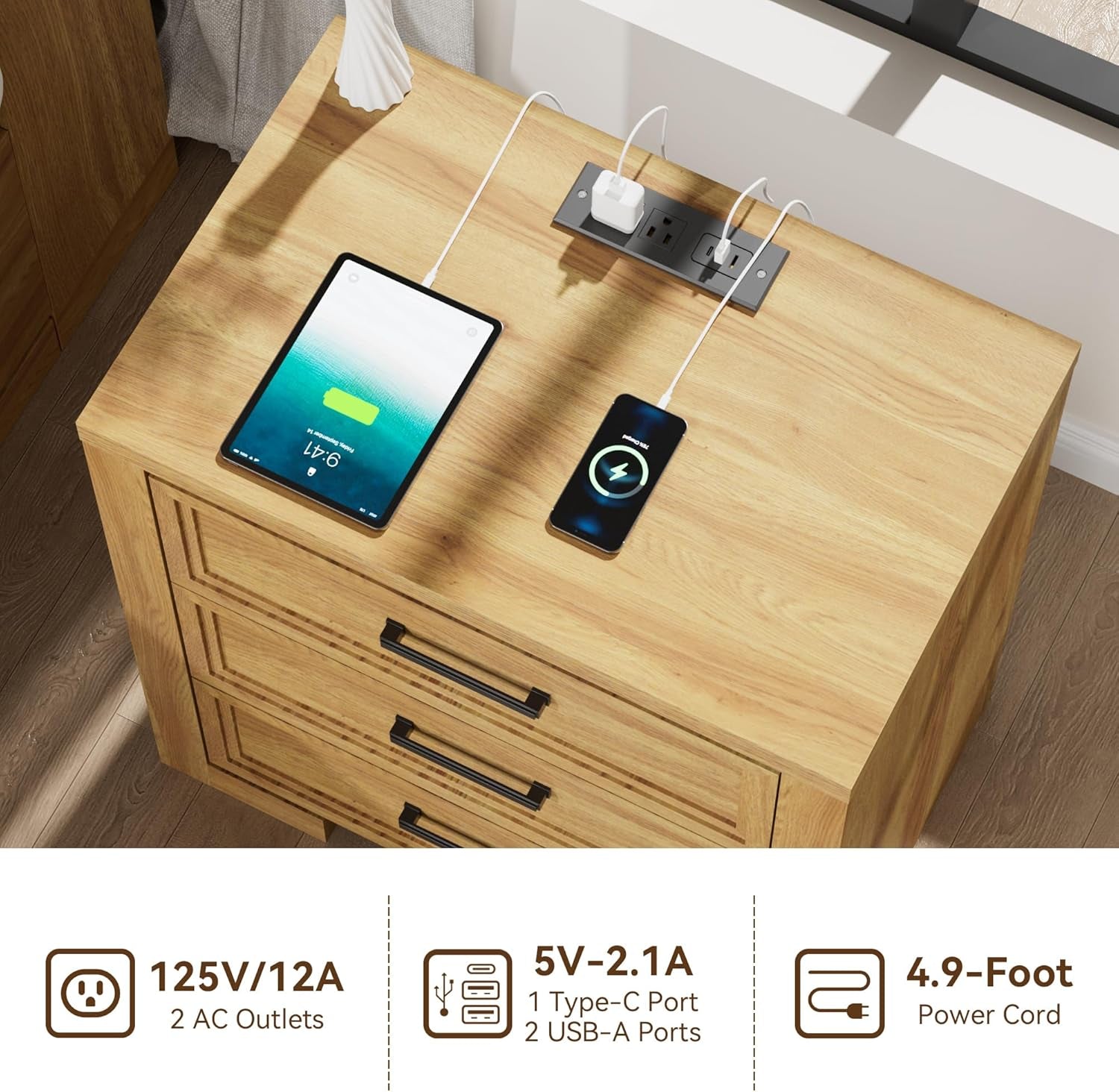 24" Wide Nightstand Set of 2, Night Stand with Charger Station, Bedside Table with 3 Drawers, Sofa Side Table for Bedroom, Living Room, Entryway, Natural Oak