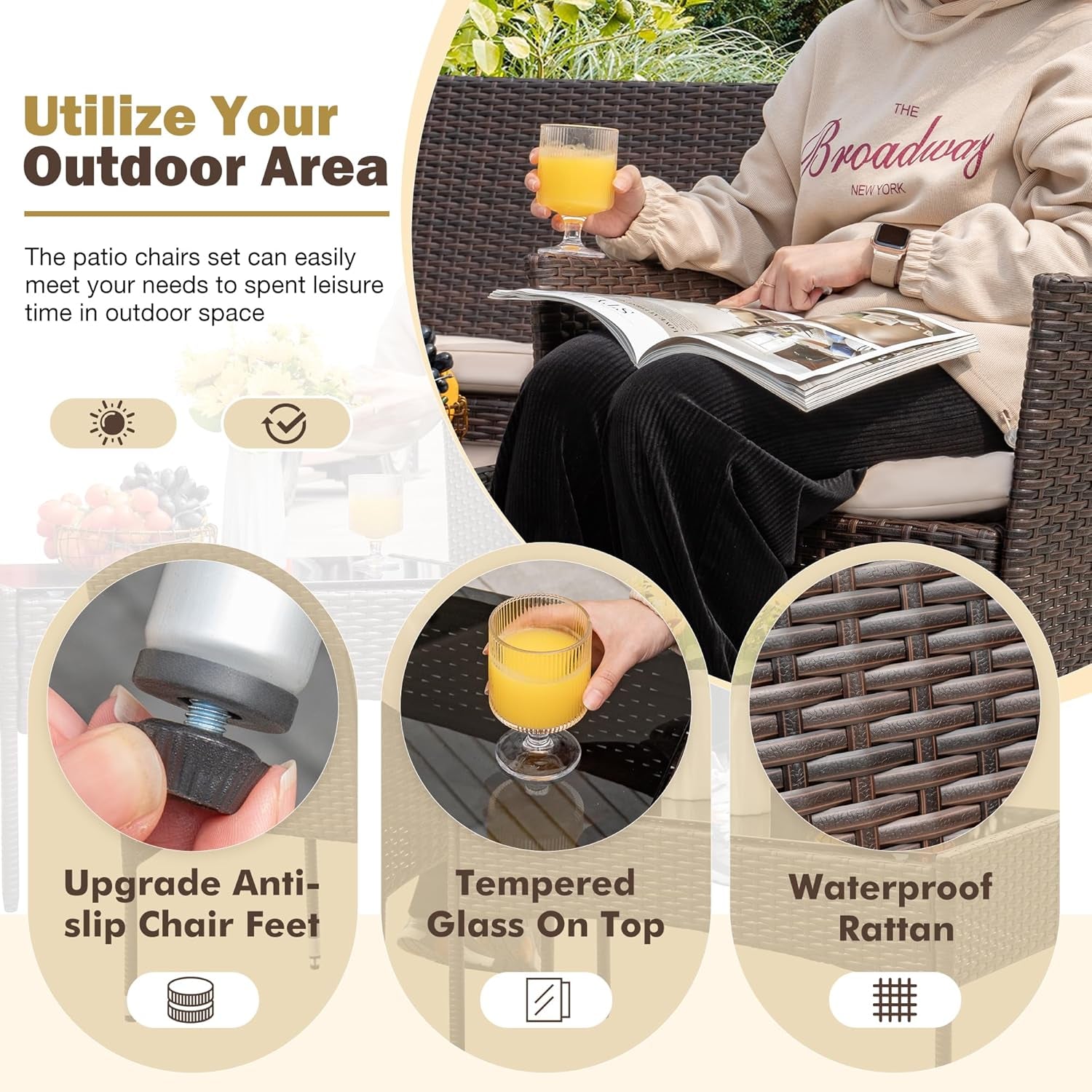 4 Pieces Outdoor Patio Furniture Sets Rattan Chair Wicker Set,Outdoor Indoor Use Backyard Porch Garden Poolside Balcony Furniture (Brown and Beige)