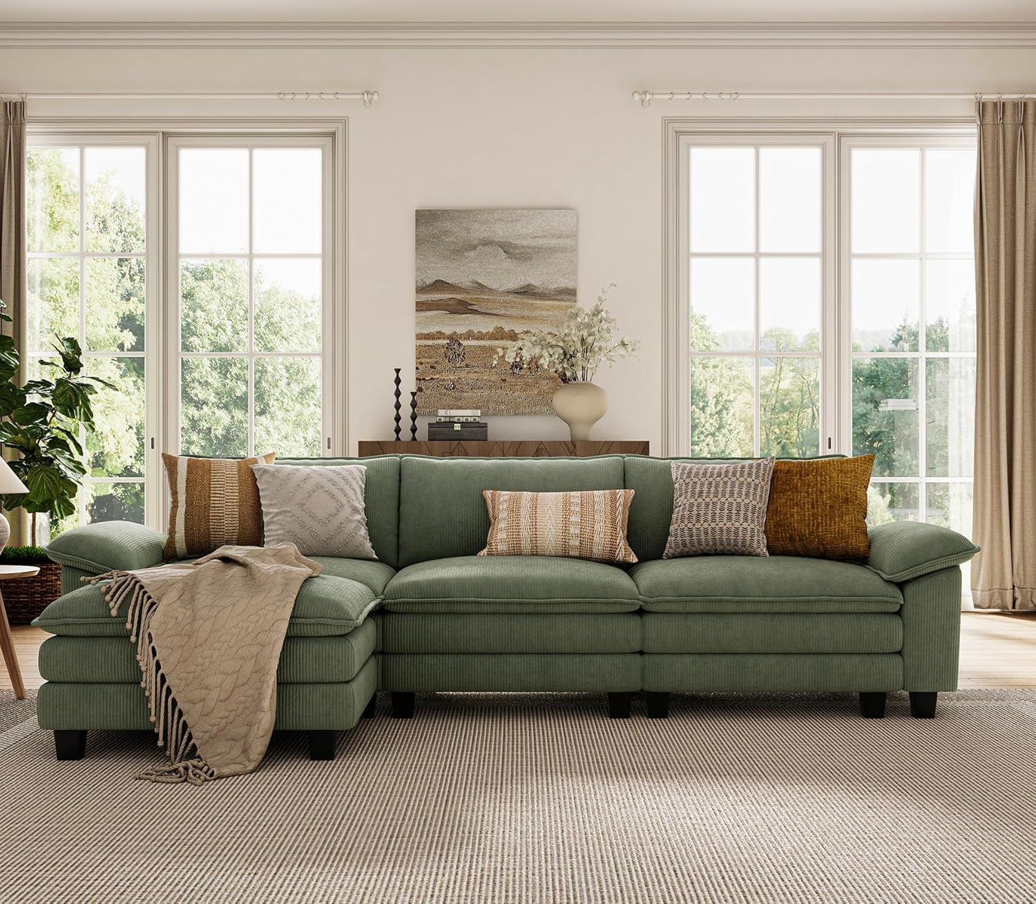 123'' Modular Sectional Sofa Green Couch Corduroy Cloud Couches for Living Room, L Shaped Couch with Movable Ottoman, Modern Cloud Sectional Sofas for Bedroom and Apartment, Green