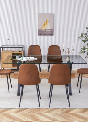 7-Piece Tempered Glass Dining Table Set for 6 with Metal Legs and MDF Crossbar, Featuring 6 Suede Dining Chairs for Kitchen and Dining Room
