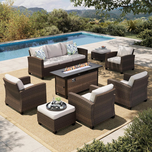 Patio Furniture Set, Outdoor Wicker Furniture with Fire Pit, 8 Pieces Deep Seating Outdoor Conversation Sofa Sets with Thick Cushions for Deck Backyard Lawn, Beige