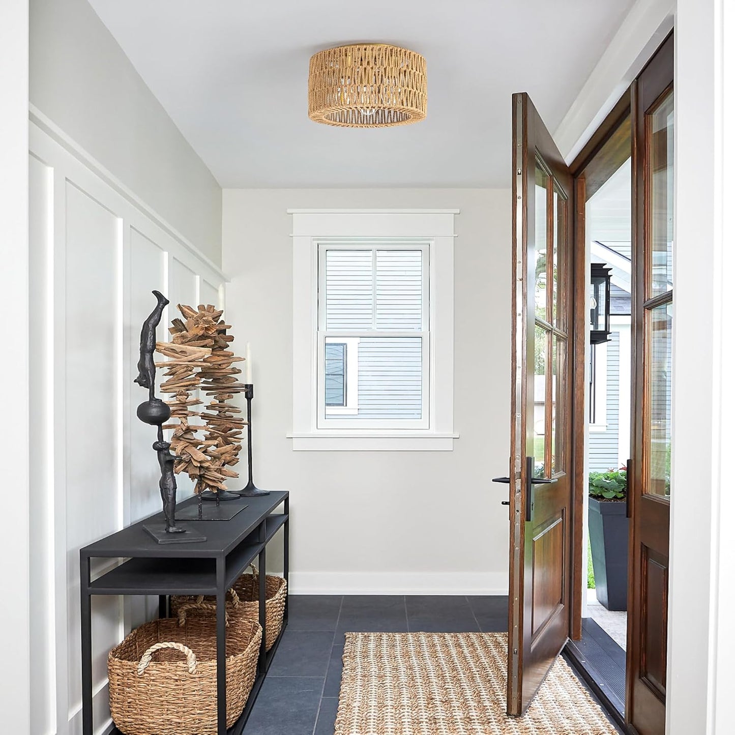 Rattan Ceiling Light Fixture, 3 Light Bohemian Modern Woven Ceiling Light, Boho Flush Mount Ceiling Light for Bedroom Living Room Dining Room, Bulb NOT Included