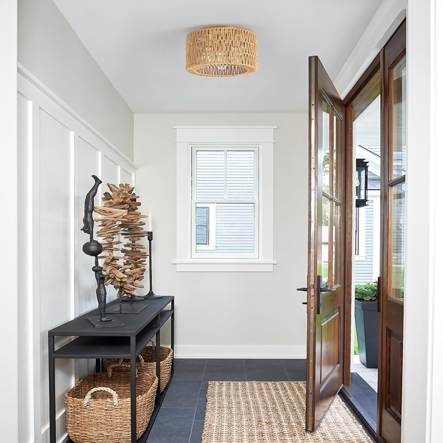 Rattan Ceiling Light Fixture, 3 Light Bohemian Modern Woven Ceiling Light, Boho Flush Mount Ceiling Light for Bedroom Living Room Dining Room, Bulb NOT Included