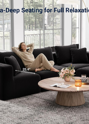 141" 6-Seat Modular Sectional Sofa in Stylish Black Corduroy – Zero Assembly Required, Ideal for Family Gatherings