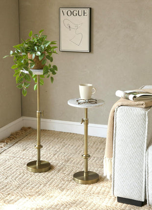 Adjustable-Height Marble Accent Table - 10x10x22-30, White Marble and Antique Brass, Modern Round End Table for Compact Spaces, Vintage Metal Martini Cocktail Stand