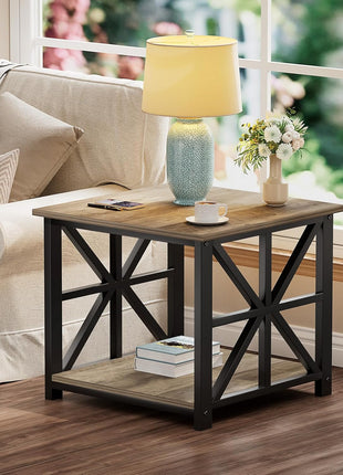 24-Inch Contemporary End Table with Dual-Tier Storage Shelf in Grey Wash Finish, Perfect for Living Room, Bedroom, and Office Use