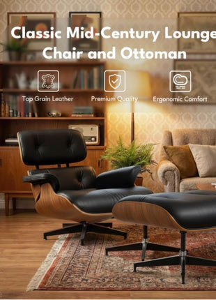 Mid-Century Modern Top Grain Leather Chaise Lounge Chair with Ottoman - Timeless Design and Robust Base Support for Living Room, Walnut Finish