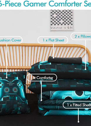 Twin Size 6-Piece Gamer Bedding Set in Teal Blue with 3D Gamepad Design for Boys and Teens