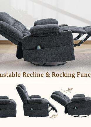 360° Swivel Rocker Recliner Chair for Adults with Massage and Heating Function, Nursery Glider Recliner Featuring Cup Holder, Manual Recliner for Living Room and Bedroom (Fabric, Dark Gray)