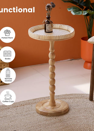 Rattan Round Small Side Table for Compact Spaces - Bohemian Circle End Table with Solid Wood Legs for Living Room and Bedroom Corners