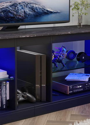 Contemporary LED Gaming TV Stand for 55-Inch TVs with Adjustable Glass Shelves, Black Marble Finish, Ideal for Living Room and Bedroom