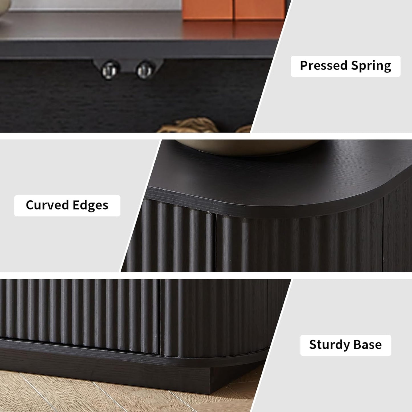 64" Sideboard Buffet Cabinet with Storage, Wooden Fluted Storage Cabinet Sideboard Credenza with Adjustable Shelves Pressed Spring for Kitchen Living Room (Black)