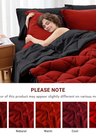 7-Piece Reversible Queen Comforter Set, All-Season Bedding Ensemble with Comforter, Flat Sheet, Fitted Sheet, Pillowcases, and Shams in Red and Black