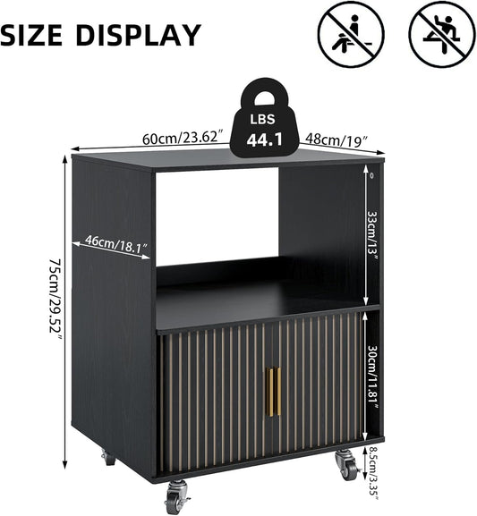 Printer Stand with Storage, File Cabinets with Sliding Doors, Rolling Printer Cart under Desk with Open Storage Shelf for Home Office, Workspace (Black, 23.62" L)