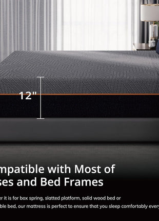 EGOHOME 12-Inch Queen Memory Foam Mattress with Cooling Copper Gel - Therapeutic Medium Firm, CertiPUR-US Certified, Made in the USA, Black, 60x80x12 Inches
