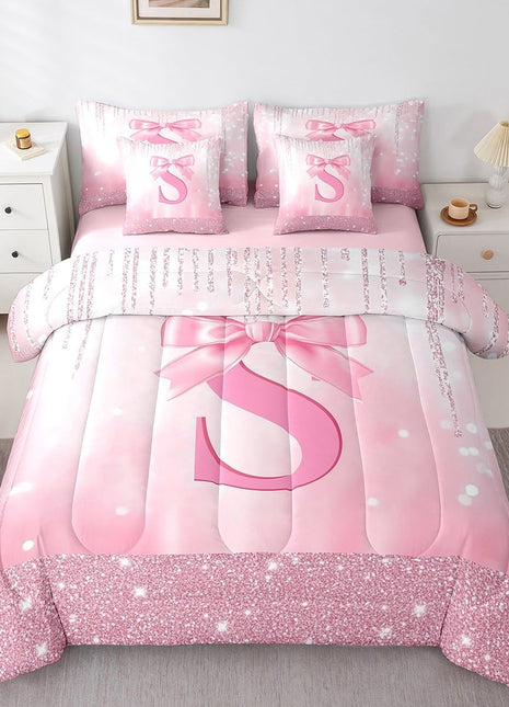 Personalized Pink Bowknot 7-Piece Twin Bedding Set for Kids, Princess Glitter Comforter with Monogrammed Initial and Sheets, Ideal Bedroom Decor for Teens