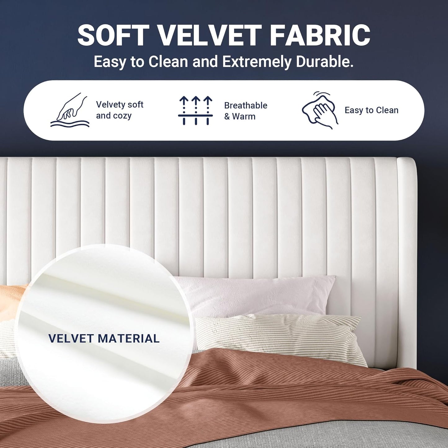 Full Size Velvet Bed Frame/Vertical Channel Tufted Wingback Headboard/Upholstered Platform Bed/Strong Wooden Slats/No Box Spring Needed/Easy Assembly/White