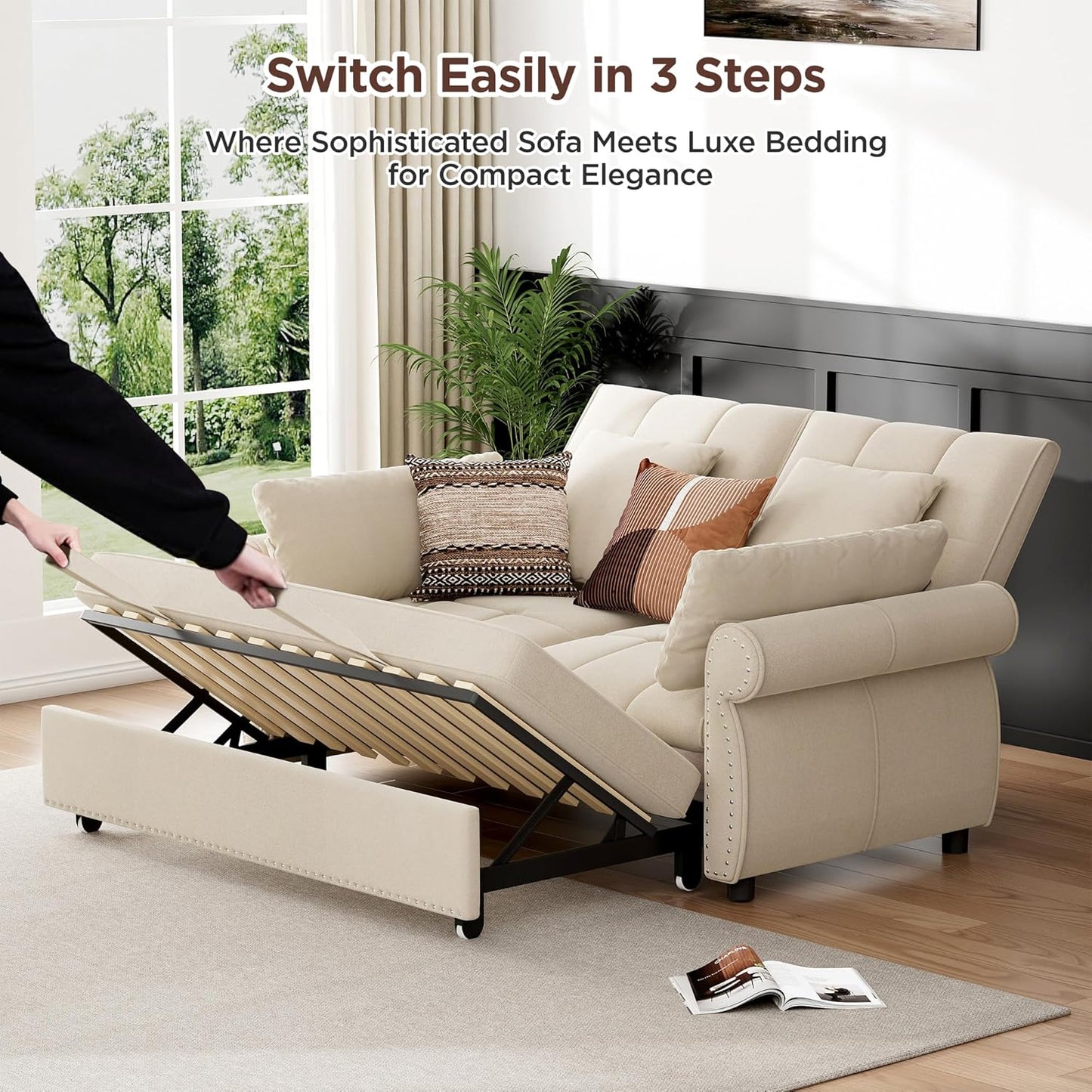 3 in 1 Sofa Bed, 61 Inch Convertible Pull Out Couch with Four Pillows, Loveseat Sleeper Sofa with Adjustable Backrest, Sofa Couches for Living Room, Bedroom, Apartment, Chenille Fabric, Beige