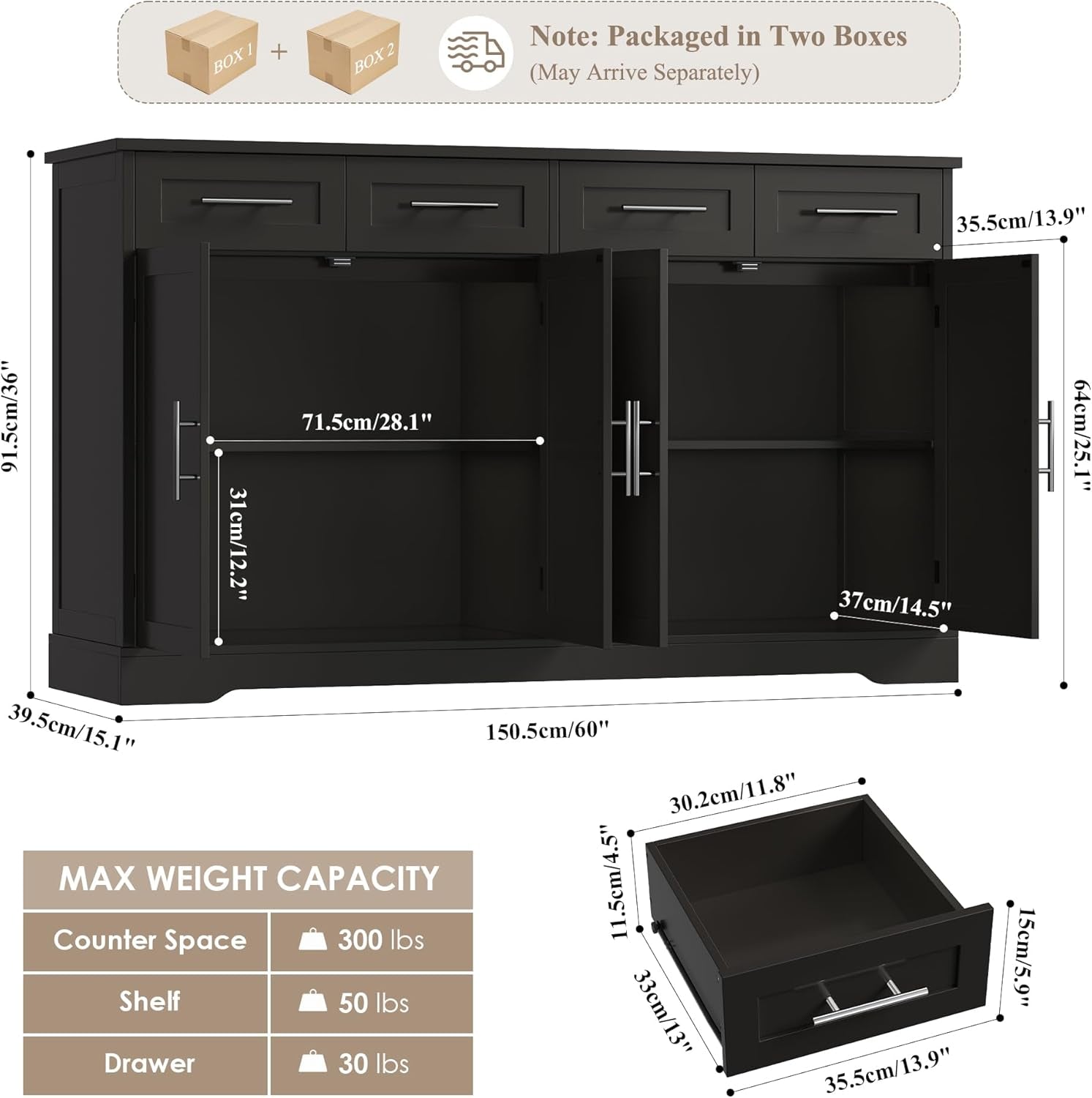60" Large Buffet Sideboard with Storage, 36" Tall Kitchen Buffet Storage Cabinet with 4 Drawer, Modern Coffee Bar Cabinet with Silver Handle, Long Sideboard Buffet Table for Kitchen, Black