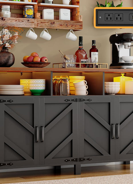 55'' Farmhouse Buffet Sideboard with Storage, Power Outlets, and LED Lighting - Large Wood Kitchen Cabinet for Dining Room and Entryway