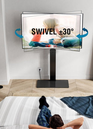 Elegant Tall Floor TV Stand for 32-75 Inch TVs with Integrated Power Outlet, Tempered Glass Base, Supports Up to 88 lbs, VESA Compatible 600x400mm, Black Finish