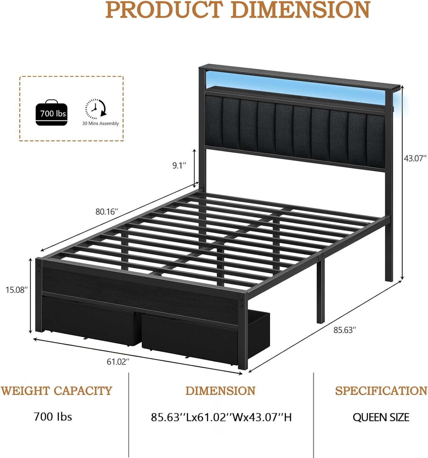 Queen Bed Frame with Charging Station and LED Lights, Grey Upholstered Headboard with Shelves, Metal Platform Bed with 2 Under-Bed Storage (Fabric Drawer on Wheels), No Box Spring Needed
