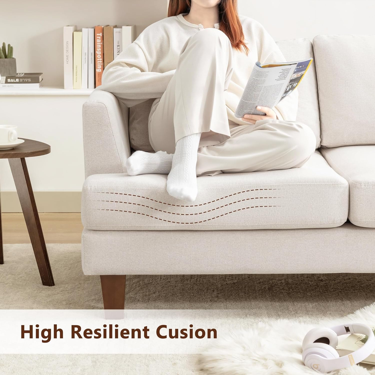 3 Seater Sofa Couch with Deep Seats, 89" Mid Century Modern Upholstered Sofa with Armrests, Comfy Couches for Living Room, Bedroom, Apartment and Office (Beige)