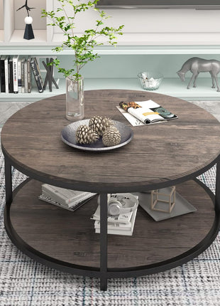 36-Inch Round Coffee Table for Living Room, Two-Tier Rustic Wood Design with Storage Shelf, Modern Home Furniture in Light Walnut
